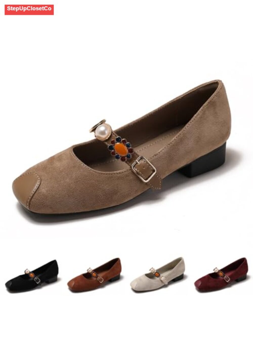 Suede Pearl Strap Low Chunky Heel Mary Jane Pumps Square Toe Ankle Buckle Work